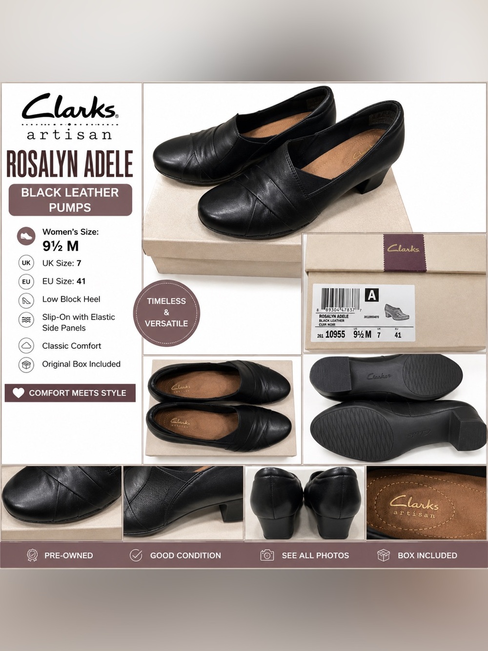 Clarks Artisan Rosalyn Adele Black Leather Heels Pumps Women’s 9.5 M w/ Box
